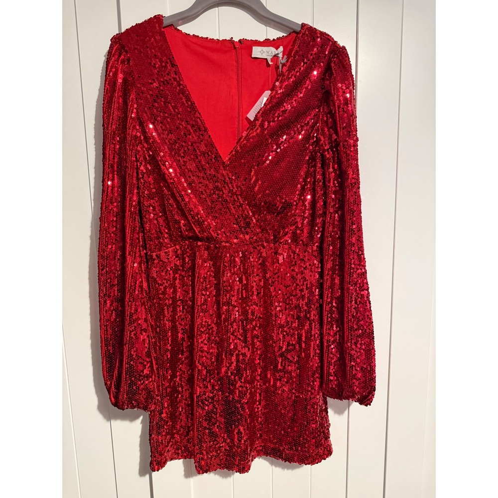 WAYF Womens Red Sequin Long Sleeve‎ V Neck Mini Dress XS
